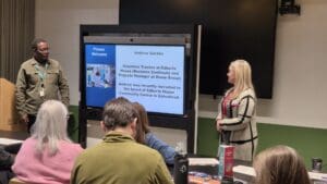 Close up shot of a man and woman taking part in a Q&A