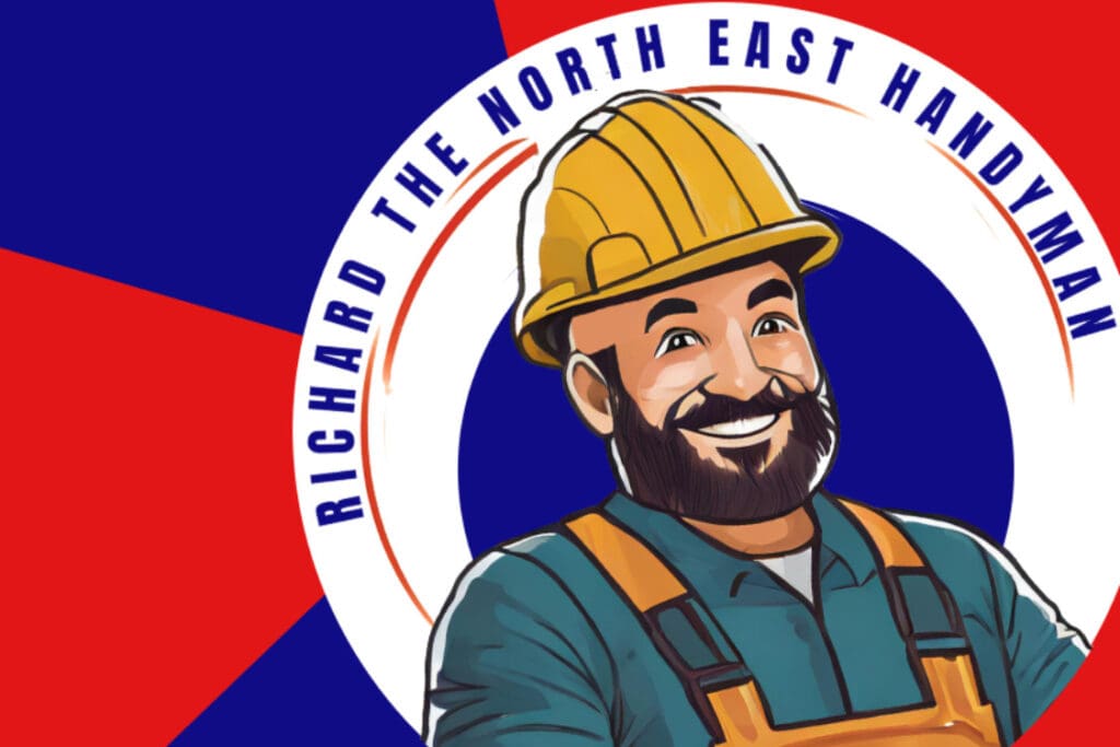 Red and blue background with cartoon smiling face of handyman with yellow hard hat and dungarees a blue shirt and a beard.