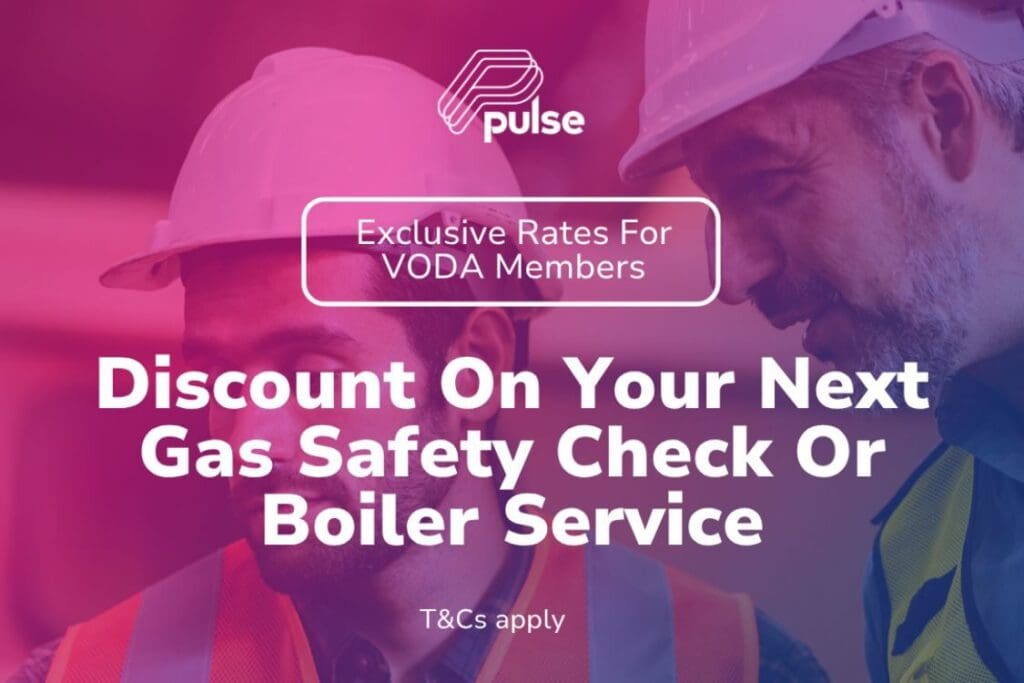 pink coloured image two people in white hard hats. Text - diecount on your next gas safety checks or boiler services.