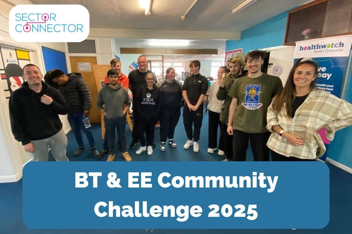 A group of people posing for a photo indoors, standing in front of a poster on the wall. They are smiling and wearing casual clothing, including jeans and footwear. The setting includes a ceiling overhead and features various individuals in the social group.
